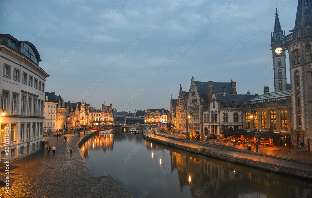 Night scene of Historic Center of Ghent, Belgium