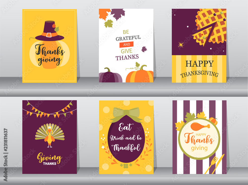 Set of Happy thanksgiving day card, design,poster,template,greeting,animal,cute,Vector illustrations