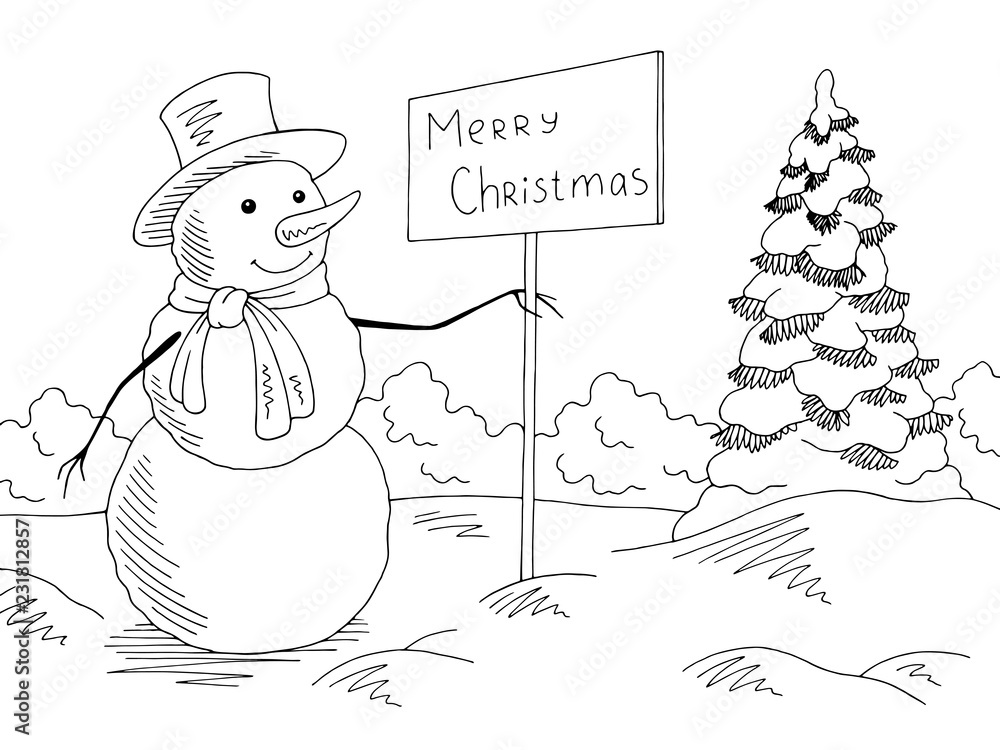 Snowman holding a greeting sign in winter park graphic black white ...