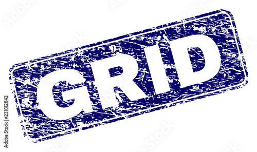 GRID stamp seal print with grunge style. Seal shape is a rounded rectangle with frame. Blue vector rubber print of GRID text with unclean style.