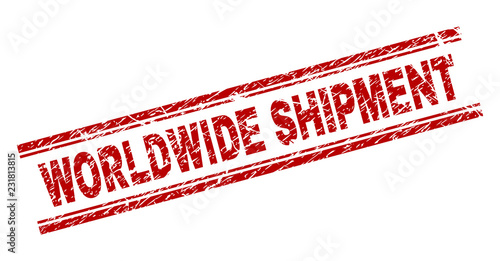 WORLDWIDE SHIPMENT seal print with distress texture. Red vector rubber print of WORLDWIDE SHIPMENT label with dust texture. Text label is placed between double parallel lines.