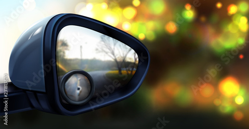 Vector illustration of rear view mirror with small round glass for blind spot zone, isolated on abstract blurred background. Plastic accessory for vehicles to look back on road and drive car safely