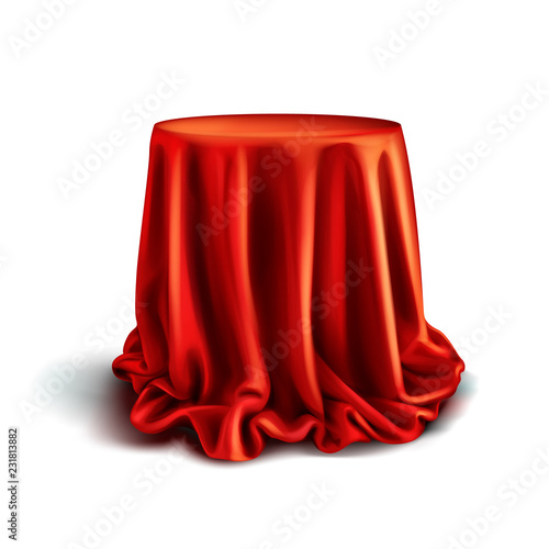 Vector realistic box covered with red silk cloth isolated on white background. Empty stand or table with tablecloth to show magic tricks. Secret gift, hidden under satin fabric with drapery and folds