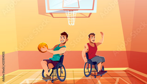 Two disabled man on wheelchairs playing basketball cartoon vector. Physical activity, rehabilitation for people with physical disabilities or musculoskeletal system diseases. Adaptive wheelchair sport