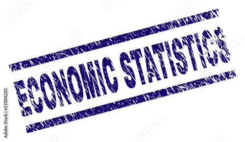 ECONOMIC STATISTICS seal print with scratced style. Blue vector rubber print of ECONOMIC STATISTICS title with retro texture. Text label is placed between parallel lines.