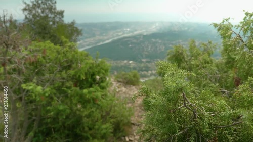 Focus pull from a green tree branch on a hiking trail to the valley and Saint Jeannet below in France. photo