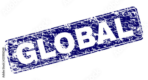 GLOBAL stamp seal print with grunge style. Seal shape is a rounded rectangle with frame. Blue vector rubber print of GLOBAL title with scratched style.