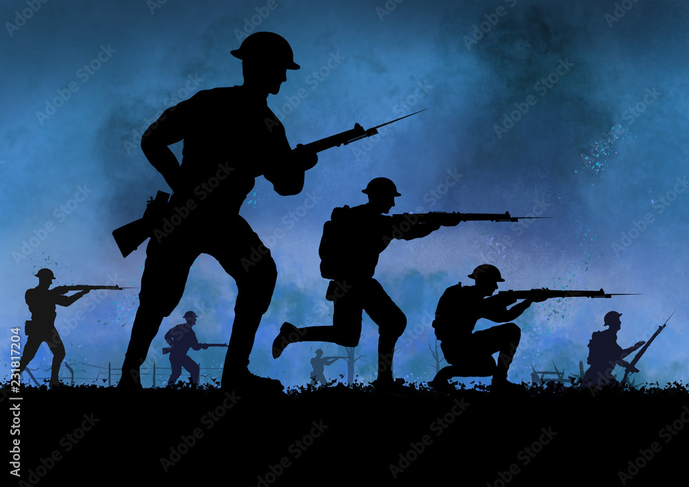 World War British soldiers silhouette on a battlefield. Stock ...