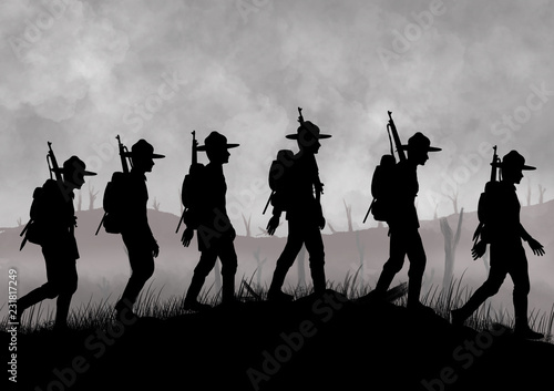 Silhouette of US soldiers on a Wolrd War one battlefield.