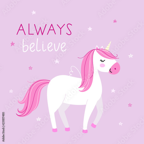 Background with cute unicorn in pastel colors on pink background.