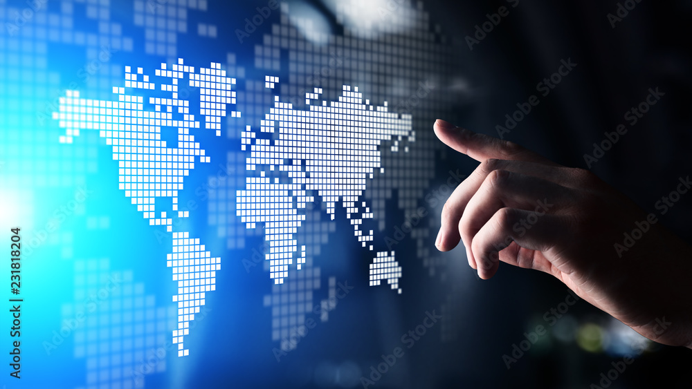 World wide map hologram on virtual screen. Global business and telecommunication technology concept. World wide map hologram on virtual screen. Global business and telecommunication technology concept.