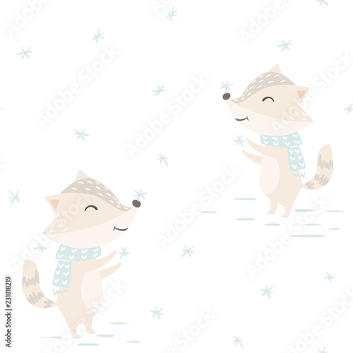 Raccoon baby winter seamless pattern. Cute animal catches snowflake Christmas background.