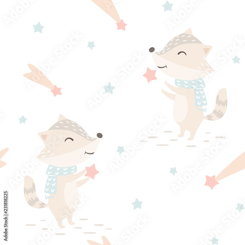 Raccoon baby winter seamless pattern. Cute animal catches stars Christmas background.