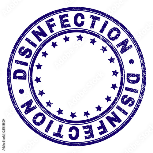 DISINFECTION stamp seal watermark with grunge texture. Designed with circles and stars. Blue vector rubber print of DISINFECTION tag with dirty texture.