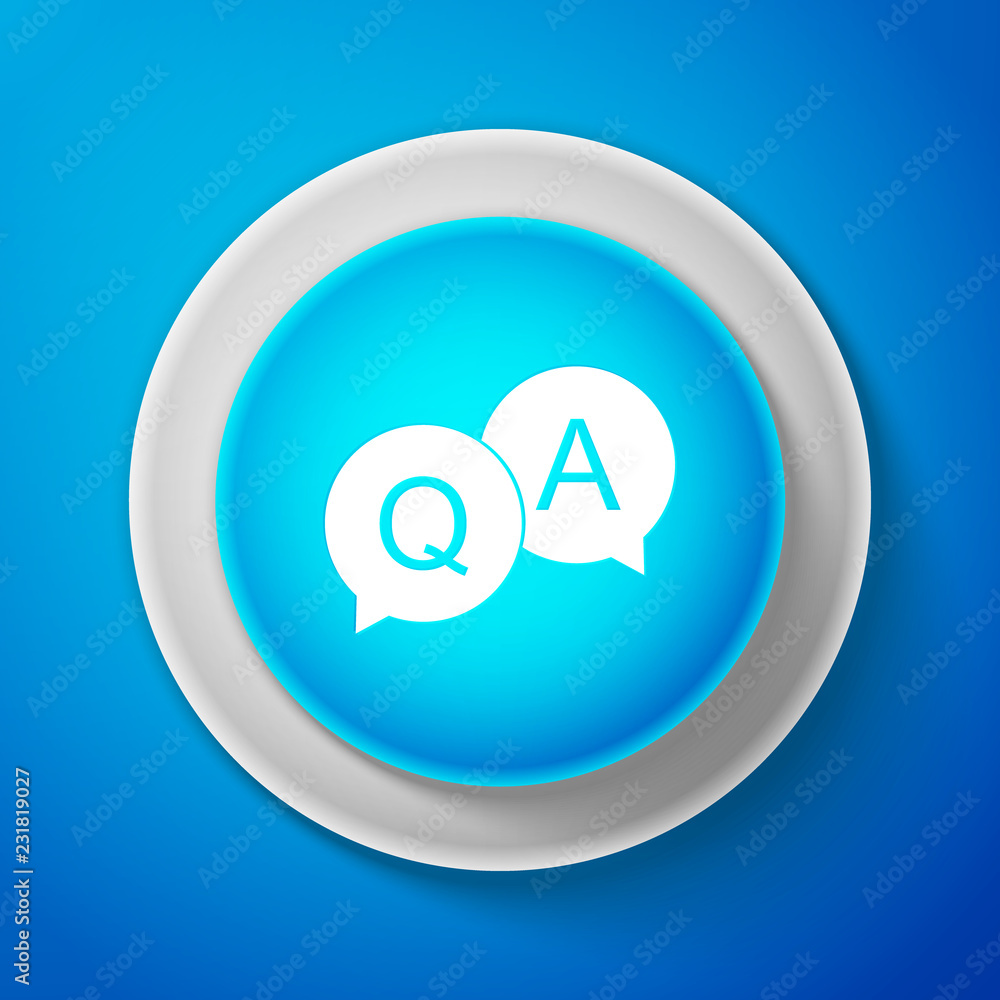 White Question and Answer mark in speech bubble icon isolated on blue background. Q and A symbol. Circle blue button with white line. Vector Illustration White Question and Answer mark in speech bubble icon isolated on blue background. Q and A symbol. Circle blue button with white line. Vector Illustration