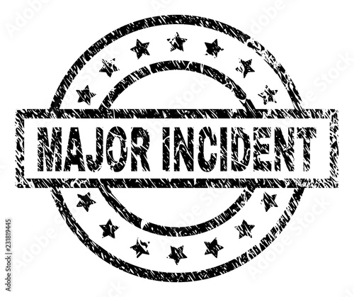 MAJOR INCIDENT stamp seal watermark with distress style. Designed with rectangle, circles and stars. Black vector rubber print of MAJOR INCIDENT label with retro texture.