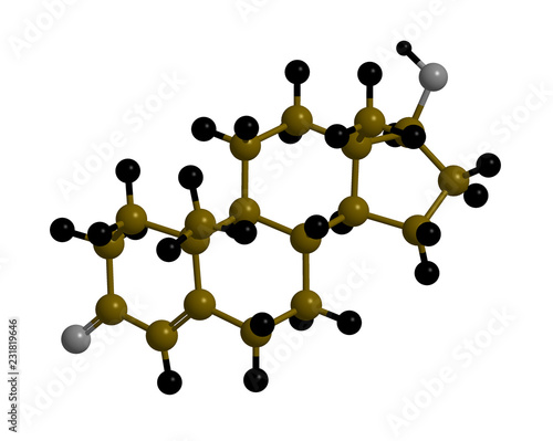 Ball and Stick Model of a Testosterone Molecule Illustration, in Camouflage Colours, on White Background, Isolated