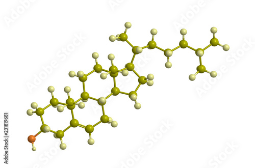 Ball and Stick Model of Cholesterol Illustration in Shades of Green on White Background, Isolated