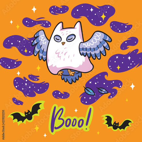 Funny print with Owl the Ghost for Halloween Holiday. Ideal for card, banner, party invitation, wallpaper or t-shirt design