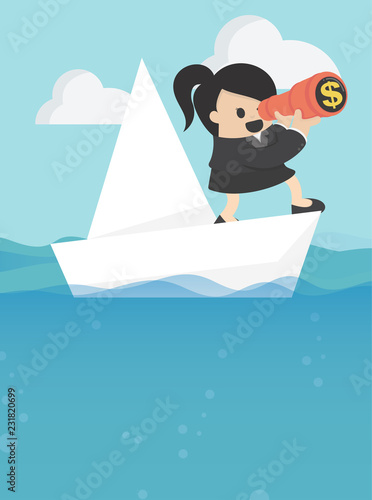 Business Woman with paper folding boat