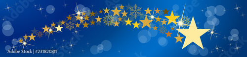 Christmas vector header. Comet and stars, with blurry light. Blue background