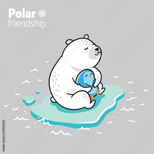 Vector illustration of a kawaii polar bear and a cute little penguin floating on the ice