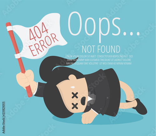 Business Woman holds a white flag in a computerized defeat of corruption. about Page not found Error 404