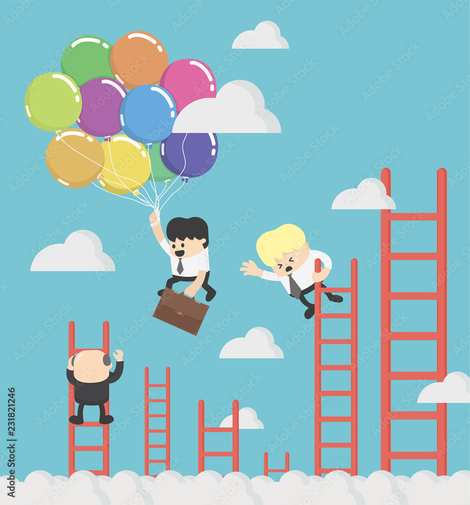 businessman flying happily holding a balloon over carrer ladder