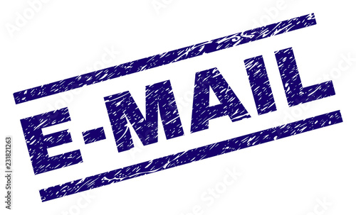 E-MAIL seal print with distress style. Blue vector rubber print of E-MAIL title with retro texture. Text title is placed between parallel lines.