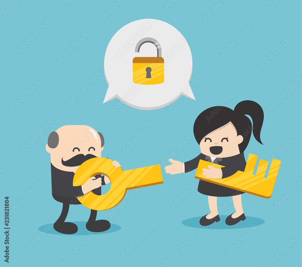 2 business men and women who hold the keys to solve the puzzle they need, this is the cooperation of the two companies. 2 business men and women who hold the keys to solve the puzzle they need, this is the cooperation of the two companies.