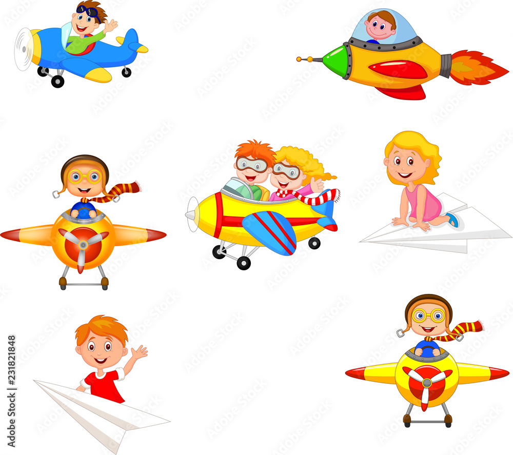 Cartoon children playing plane toys collection set Cartoon children playing plane toys collection set