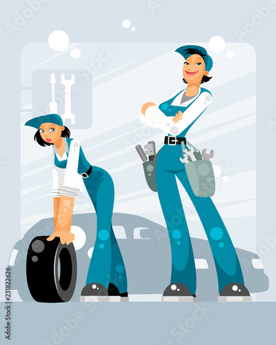 Two women car mechanics