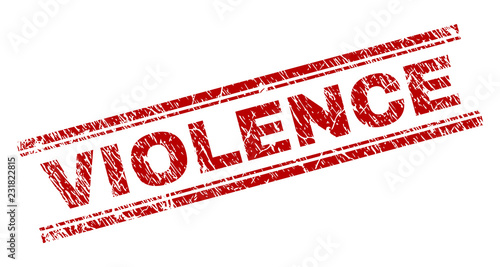 VIOLENCE seal print with distress texture. Red vector rubber print of VIOLENCE label with dirty texture. Text tag is placed between double parallel lines.