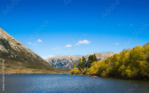 NEWZEALAND, APRIL 2017, Water in the lake with blue color reflection from clear sky in autumn season.
