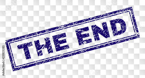THE END stamp seal watermark with rubber print style and double framed rectangle shape. Stamp is placed on a transparent background. Blue vector rubber print of THE END label with scratched texture.