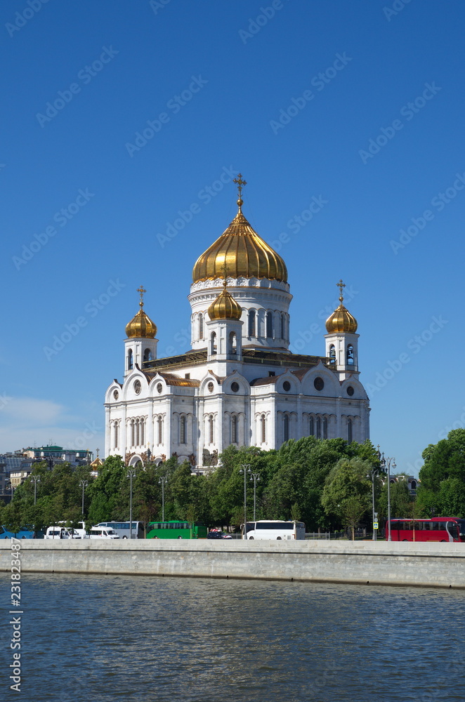 Summer view of the Prechistenskaya embankment and the Cathedral of Christ the Saviour, Moscow, Russia Summer view of the Prechistenskaya embankment and the Cathedral of Christ the Saviour, Moscow, Russia