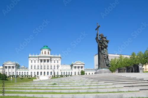 Moscow, Russia - June 15, 2018: Pashkov house - Russian state library and monument to the Holy Prince Vladimir on Borovitskaya square 