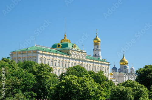 Summer view of the Grand Kremlin Palace and churches of the Moscow Kremlin, Russia