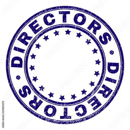 DIRECTORS stamp seal imprint with grunge texture. Designed with circles and stars. Blue vector rubber print of DIRECTORS title with grunge texture.