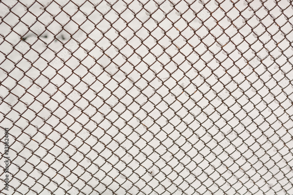 Fototapeta premium Metal mesh closeup. Metal mesh in the snow. Grid texture.