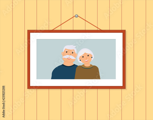Happy family portrait: smiling grandfather and grandmother on the light blue background in the frame on the brown wall. Vector illustration