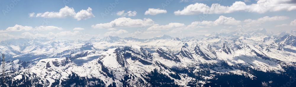 Churfirsten mountain range with its famous seven peaks: Selun, Fruemsel, Brisi, Zuestoll, Schibenstoll, Hinterrugg, Chaeserrugg