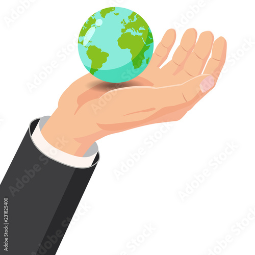 Hand holding Earth globe on white background vector illustration, Cartoon style, baner, poster, illustration, vector