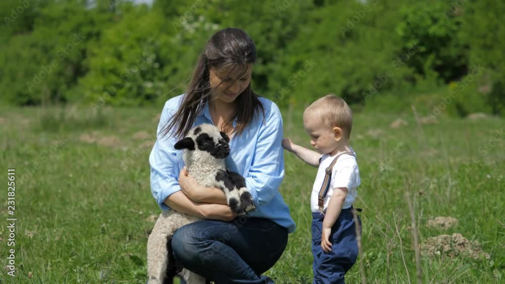 Baby child and mother portrait, parent holding little lamb, learn to love animal Baby child and mother portrait, parent holding little lamb, learn to love animal