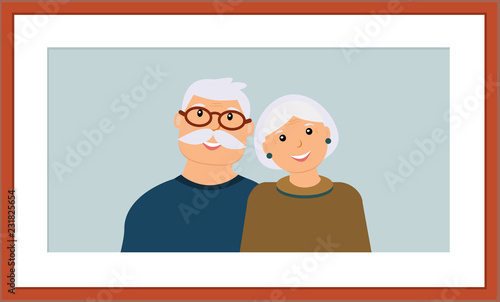 Happy family portrait: smiling grandfather and grandmother on the light blue background in the wooden brown frame. Vector illustration