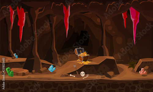 Treasure cave with chest gold coins, gems, crystals. Concept, art for computer game. Background image to use games, apps, banners, graphics. Vector cartoon illustration