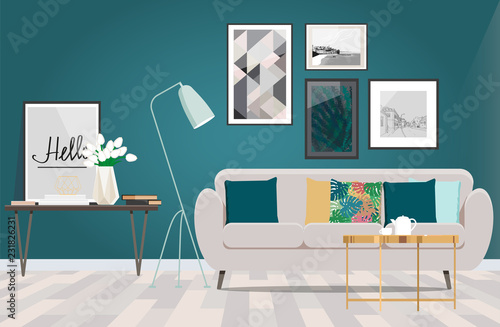 Beige sofa in a room with white floor and turquoise wall