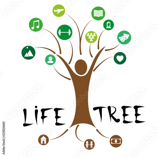 Concept design of a tree of human life with leaves of interests and hobbies. Vector illustration