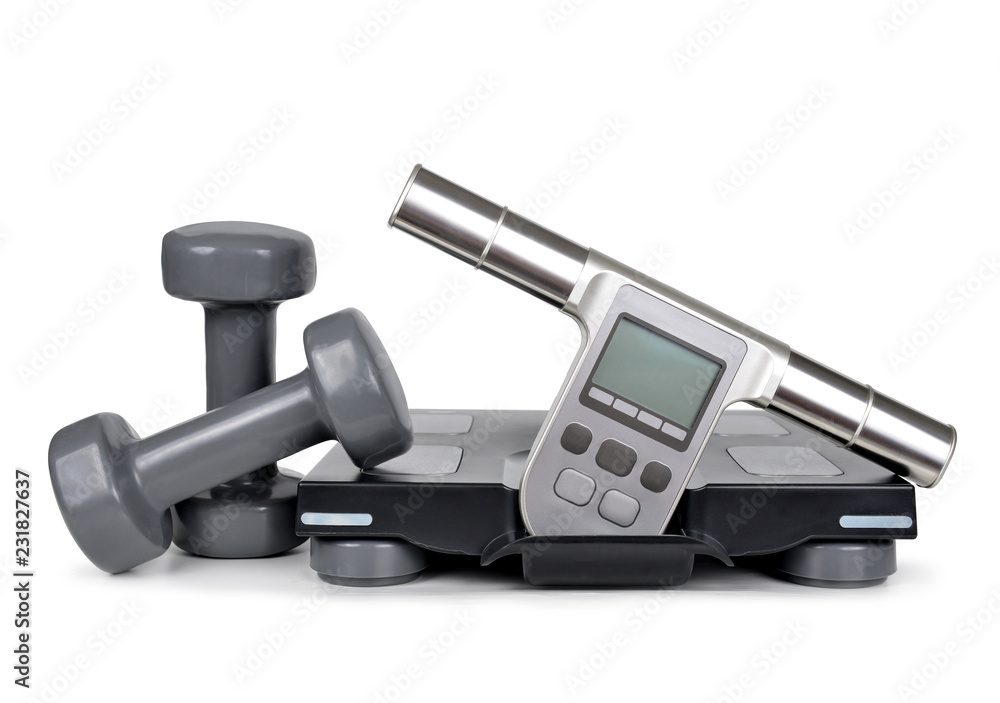 Dumbbells with weight scale isolated on a white background. Healthy lifestyle concept.