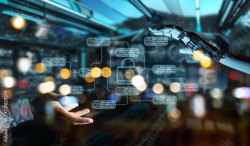 White robot on blurred background hacking and accessing private cyber datas